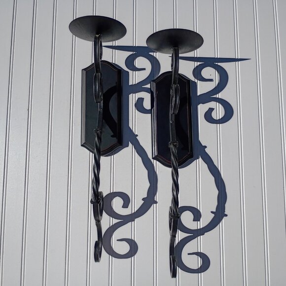 Black Wrought Iron Wall Sconce Pair Pillar Candle Holders Sconces Twisted Scroll - Picture 3 of 14